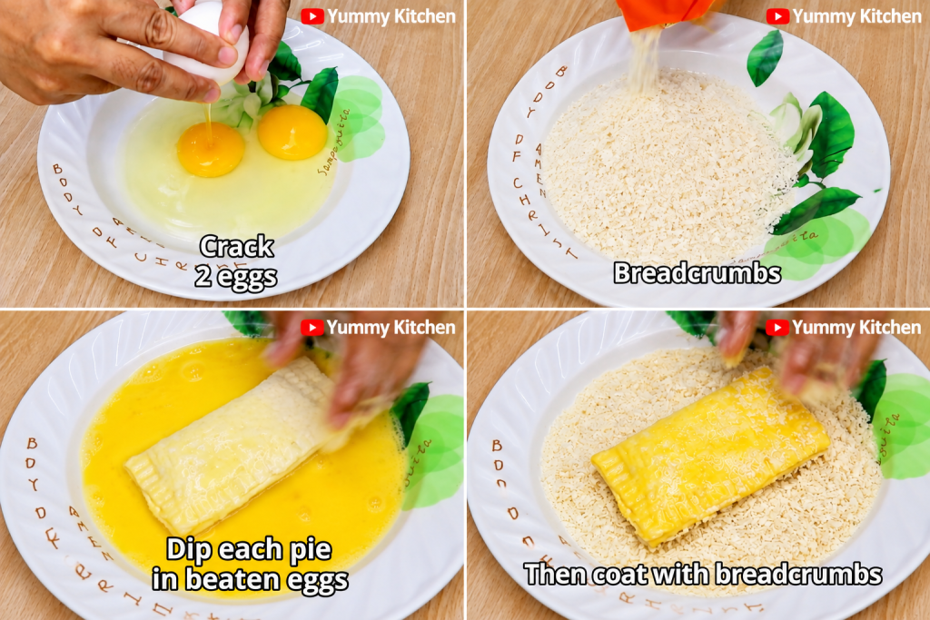 Mango-filled bread pie coated with breadcrumbs and dipped in beaten egg