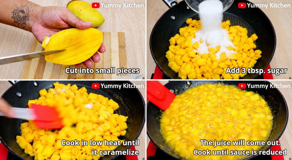 Mango Jam recipe showing diced ripe mangoes cooked with sugar in a pan until caramelized and reduced into a thick, sweet mango sauce.
