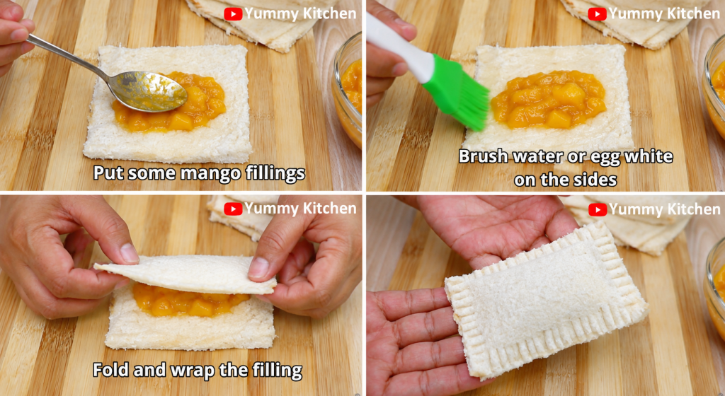 Mango bread pie recipe made with sliced bread and homemade mango filling, folded and sealed for a crispy Filipino mango bread snack.