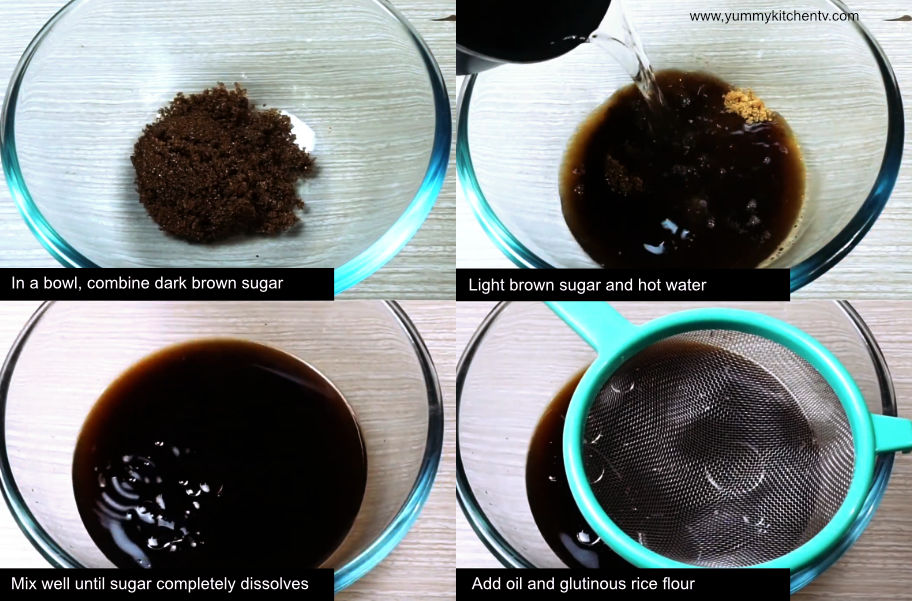 Ingredients for homemade tikoy including glutinous rice flour, brown sugar, and water