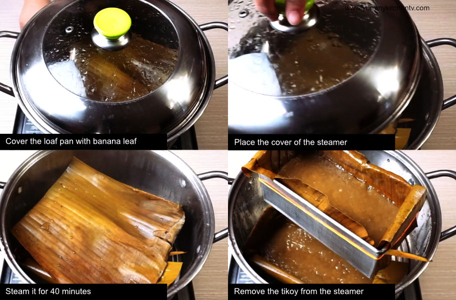 Freshly steamed homemade tikoy cooling in pan